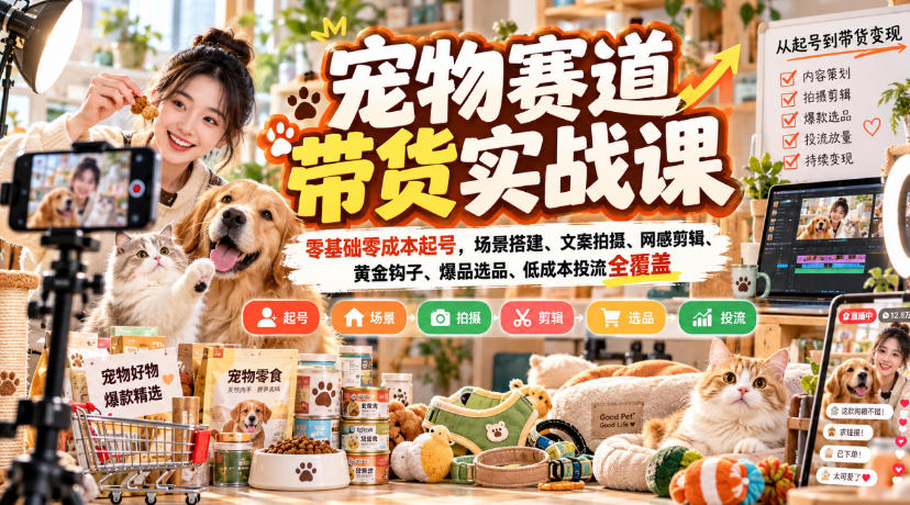 宠物赛道带货实战课，零基础零成本起号，场景搭建、文案拍摄、网感剪辑、黄金钩子、爆品选品、低成本投流全覆盖-网赚36计