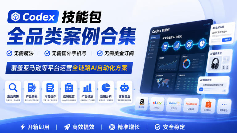 Codex技能包全品类案例合集，无需魔法、无需国外手机号、无需美金订阅，覆盖亚马逊等平台运营全链路AI自动化方案-网赚36计