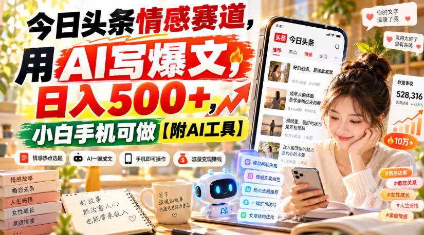 今日头条情感赛道，用AI写爆文，日入500+，小白手机可做【附AI工具】-网赚36计