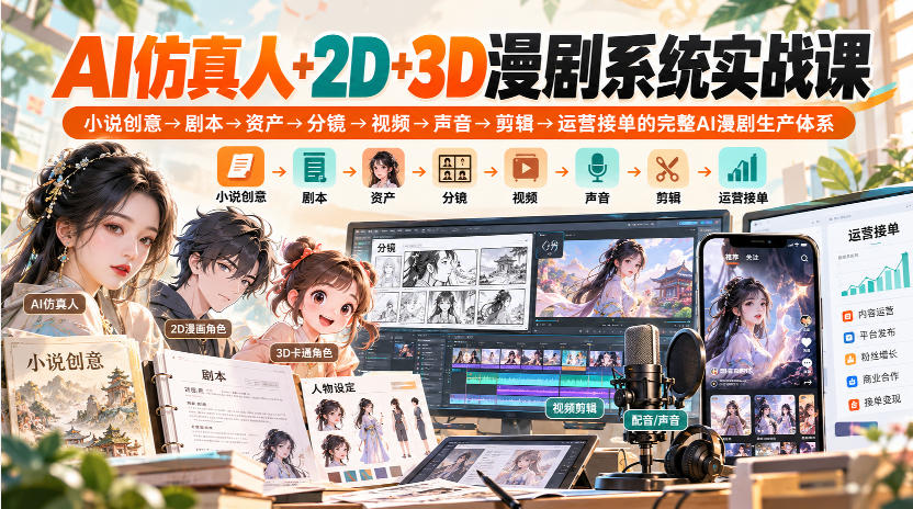 【无水印】AI仿真人+2D+3D漫剧系统实战课，小说创意→剧本→资产→分镜→视频→声音→剪辑→运营接单的完整AI漫剧生产体系-网赚36计