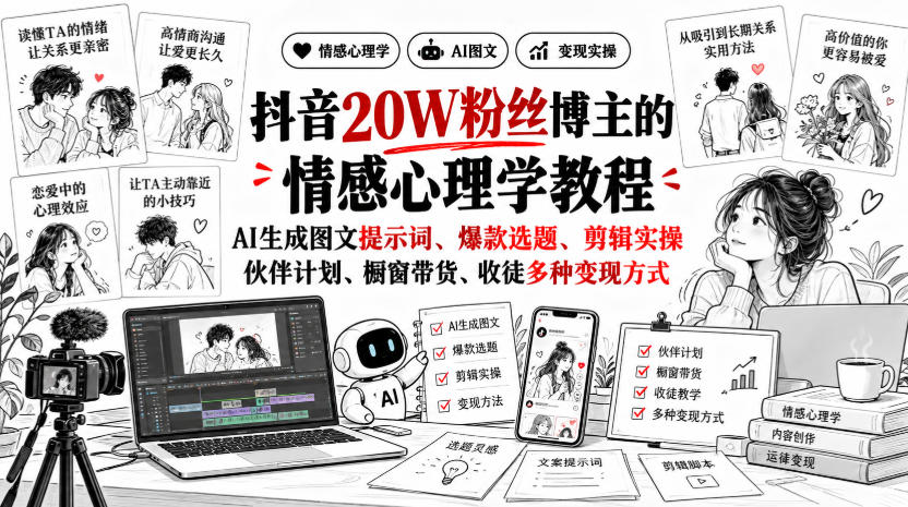 抖音20W粉丝博主静候心声的情感心理学教程，AI生成图文提示词、爆款选题、剪辑实操，伙伴计划、橱窗带货、收徒多种变现方式-网赚36计