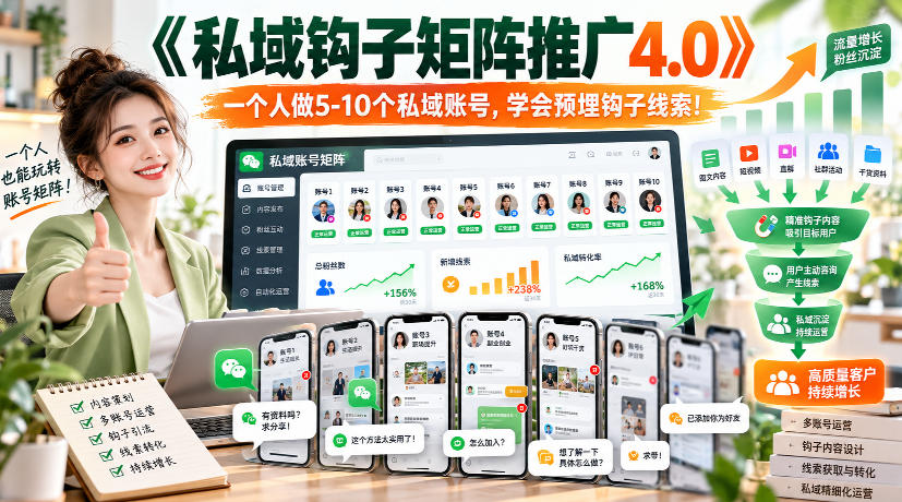 【无水印】《私域钩子矩阵推广4.0》一个人做5-10个私域账号，学会预埋钩子线索！-网赚36计