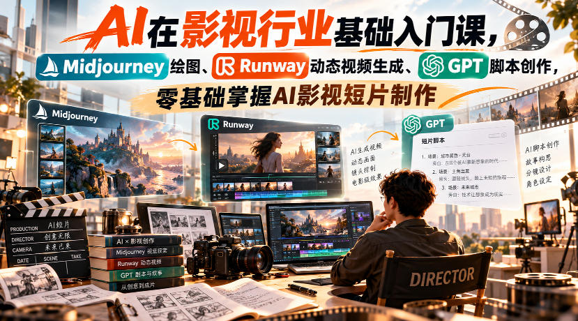 【无水印】AI在影视行业基础入门课，Midjourney绘图、Runway动态视频生成、GPT脚本创作，零基础掌握AI影视短片制作-网赚36计