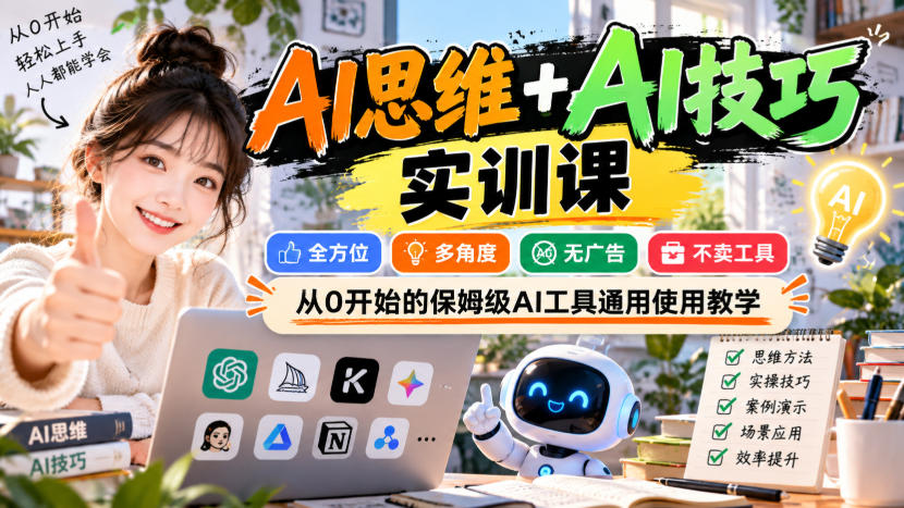 【无水印】AI思维+AI技巧实训课,全方位、多角度、无广告、不卖工具,从0开始的保姆级AI工具通用使用教学-网赚36计