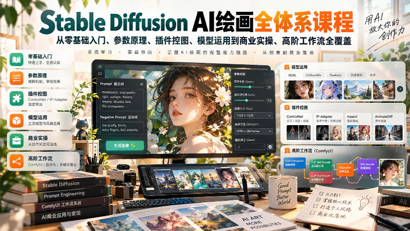 【无水印】Stable Diffusion AI绘画全体系课程，从零基础入门、参数原理、插件控图、模型运用到商业实操、高阶工作流全覆盖-网赚36计