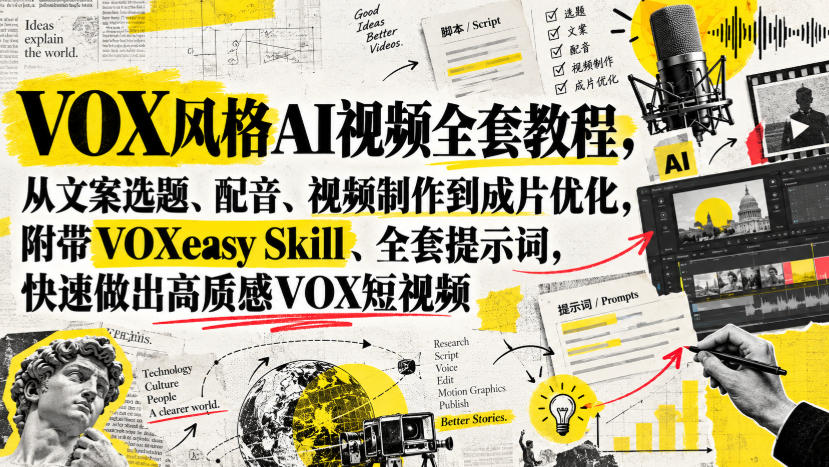 VOX风格AI视频全套教程，从文案选题、配音、视频制作到成片优化，附带VOXeasy Skill、全套提示词，快速做出高质感VOX短视频-网赚36计