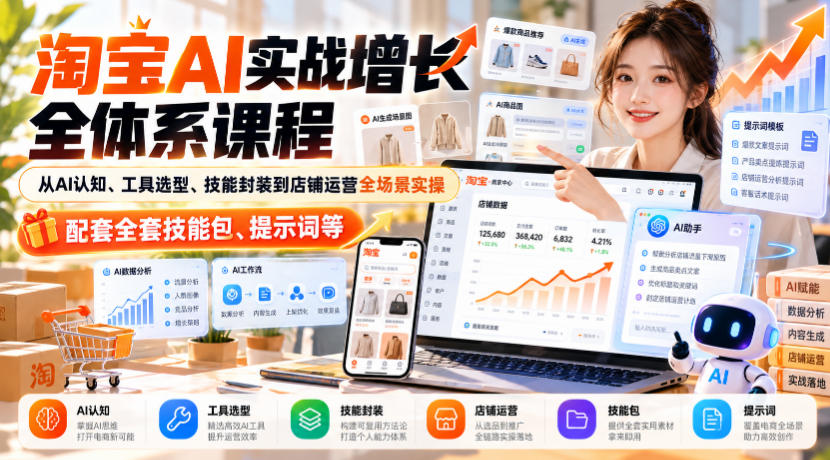 【无水印】淘宝AI实战增长全体系课程，从AI认知、工具选型、技能封装到店铺运营全场景实操，配套全套技能包、提示词等-网赚36计