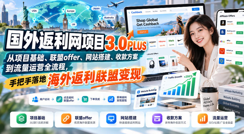 国外返利网项目3.0PLUS，从项目基础、联盟offer、网站搭建、收款方案到流量运营全流程，手把手落地海外返利联盟变现-网赚36计