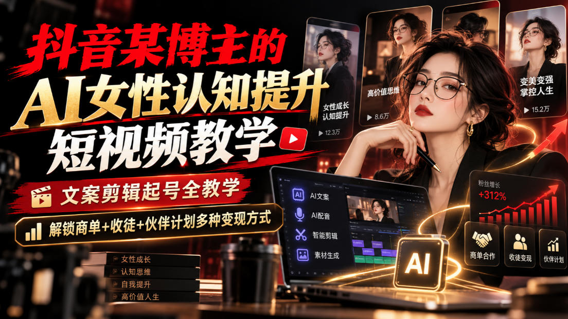 抖音某博主的Ai女性认知提升短视频教学，文案剪辑起号全教学，解锁商单+收徒+伙伴计划多种变现方式-网赚36计