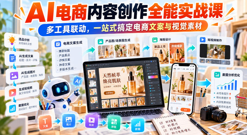 【无水印】AI电商内容创作全能实战课｜多工具联动，一站式搞定电商文案与视觉素材-网赚36计