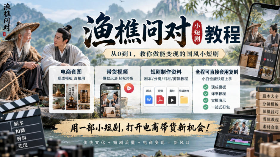 渔樵问对小短剧教程，包含电商套图、带货视频，短剧制作资料，全程可直接套用复刻-网赚36计