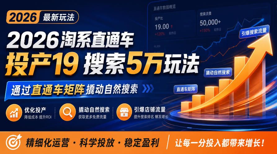 2026淘系直通车投产19搜索5万玩法,通过直通车矩阵撬动自然搜索,帮助商家优化投产,引爆店铺搜索流量-网赚36计