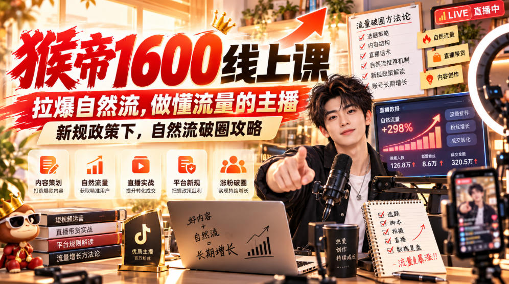 猴帝1600线上课，拉爆自然流，做懂流量的主播，新规政策下，自然流破圈攻略【更新261002】-网赚36计
