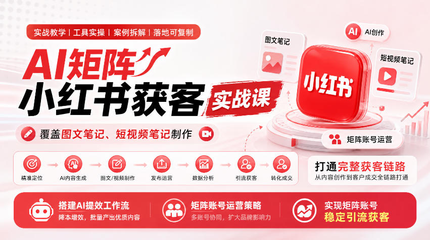 AI矩阵小红书获客实战课，覆盖图文笔记、短视频笔记制作，打通完整获客链路，搭建AI提效工作流，实现矩阵账号稳定引流获客-网赚36计