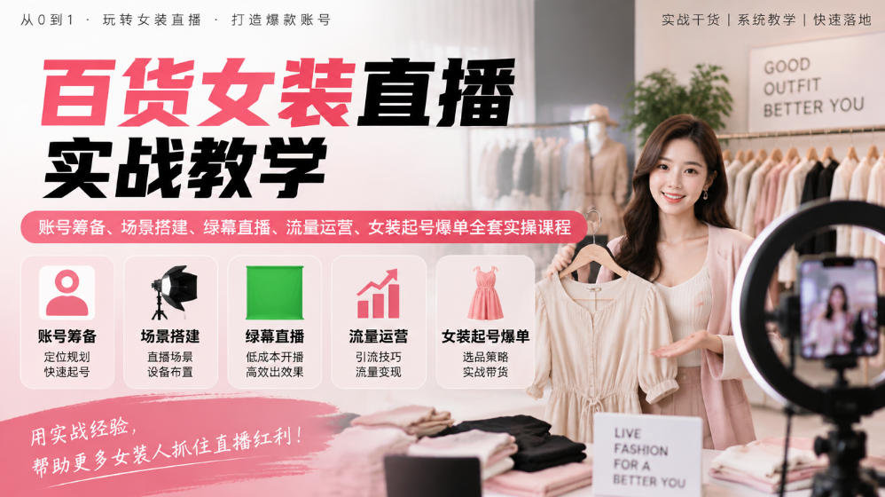 百货女装直播实战教学｜账号筹备、场景搭建、绿幕直播、流量运营、女装起号爆单全套实操课程-网赚36计