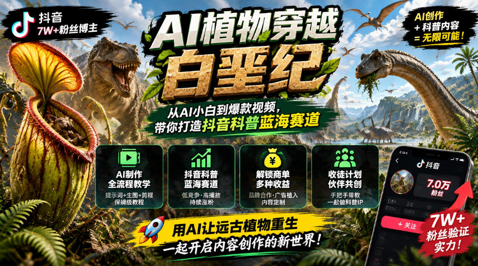 抖音7W粉丝博主的AI植物穿越白垩纪教学，抖音科普蓝海赛道，解锁商单收徒伙伴计划等多种收益-网赚36计
