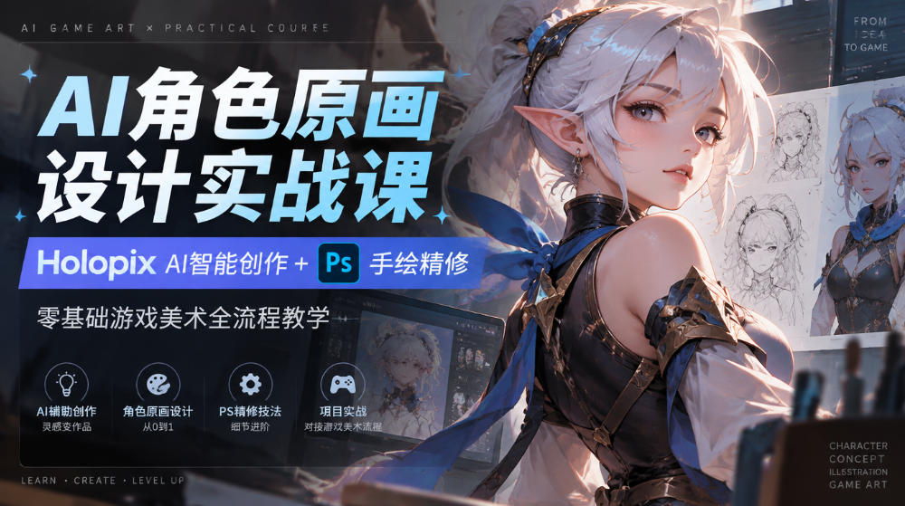 AI角色原画设计实战课|Holopix AI智能创作+PS手绘精修,零基础游戏美术全流程教学-网赚36计