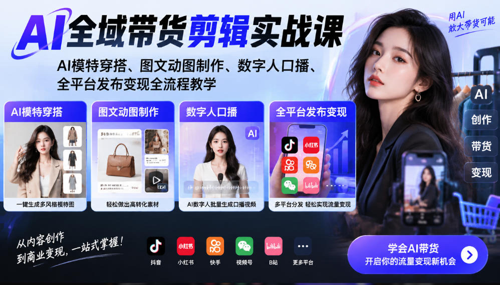 AI全域带货剪辑实战课｜AI模特穿搭、图文动图制作、数字人口播、全平台发布变现全流程教学-网赚36计