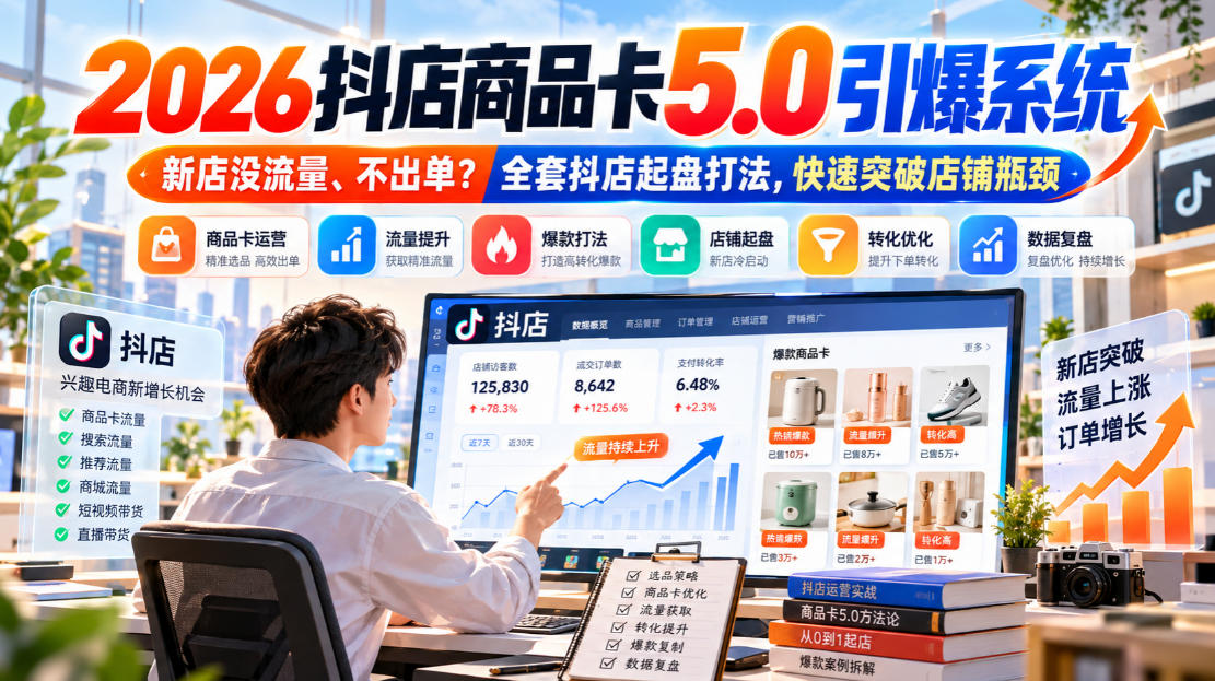 2026抖店商品卡5.0引爆店铺流量，新店没流量、不出单？全套抖店起盘打法，快速突破店铺瓶颈-网赚36计