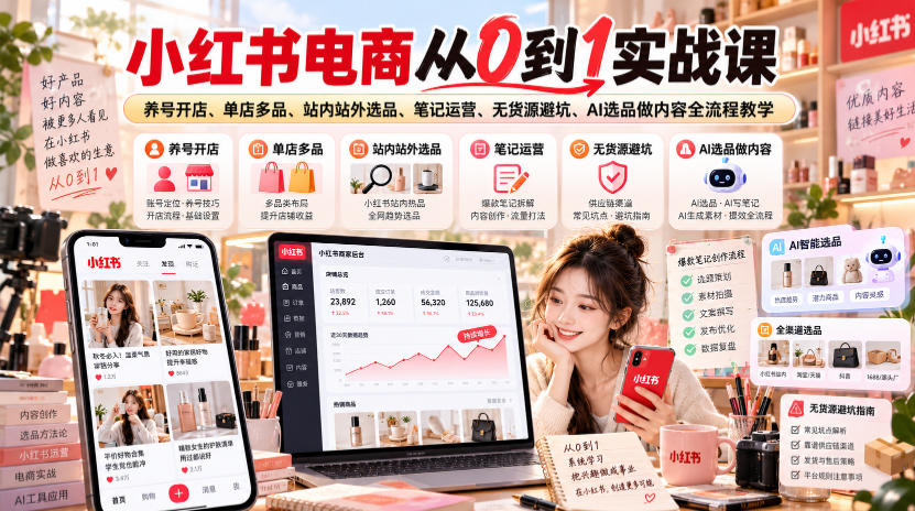 小红书电商从0到1实战课|养号开店、单店多品、站内站外选品、笔记运营、无货源避坑、AI选品做内容全流程教学-网赚36计