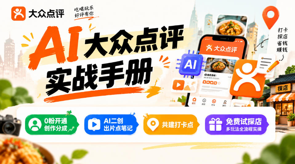 某局的AI大众点评实战手册，0粉开通创作分成、AI二创出片点笔记、共建打卡点、免费试探店多玩法全流程实操-网赚36计