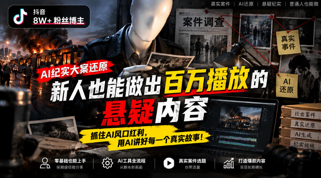 抖音8W粉丝博主的AI纪实大案还原教学,新人也能做出百W播放的悬疑内容,抓住AI风口红利,用AI讲好每一个真实故事-网赚36计
