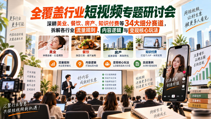 短视频专题研讨会,深耕美业、餐饮、房产、知识付费等34大细分赛道,拆解各行业流量规则、内容逻辑与变现核心玩法(更新1011)-网赚36计