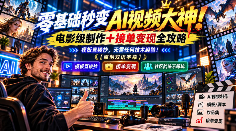 零基础秒变AI视频大神!电影级制作+接单变现全攻略,模板直接抄,无需任何技术经验!【原创双语字幕】-网赚36计