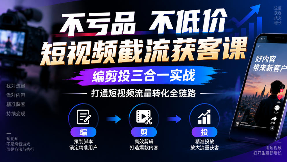 不亏品不低价短视频截流获客课,编剪投三合一实战,打通短视频流量转化全链路-网赚36计