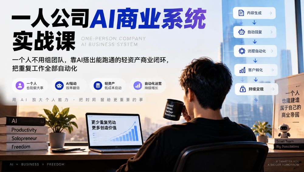 一人公司AI商业系统实战课,一个人不用组团队,靠AI搭出能跑通的轻资产商业闭环,把重复工作全部自动化-网赚36计