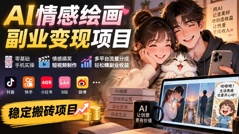 AI情感绘画副业变现项目｜零基础手机实操，情感搞笑短视频制作，多平台流量分成轻松賺副业收益-网赚36计
