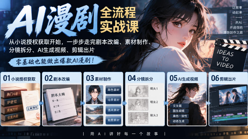 AI漫剧全流程实战课|从小说授权获取开始,一步步走完剧本改编、素材制作、分镜拆分、AI生成视频、剪辑出片全流程-网赚36计