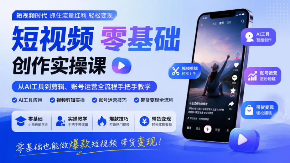 短视频零基础创作实操课，从AI工具到剪辑、账号运营全流程手把手教学，零基础也能做爆款短视频带货变现-网赚36计