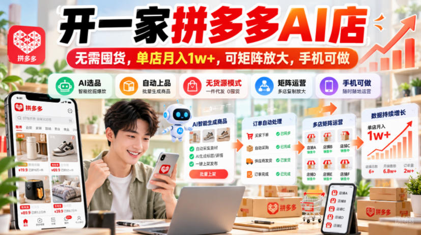 开一家拼多多AI店，无需囤货，单店月入1w+，可矩阵放大，手机可做【揭秘】-网赚36计