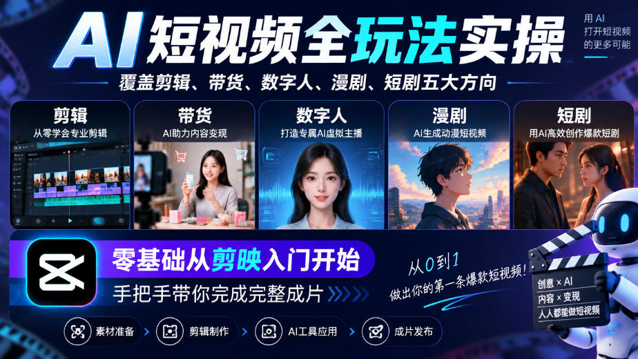 AI短视频全玩法实操，覆盖剪辑、带货、数字人、漫剧、短剧五大方向，零基础从剪映入门开始，手把手带你完成完整成片-网赚36计