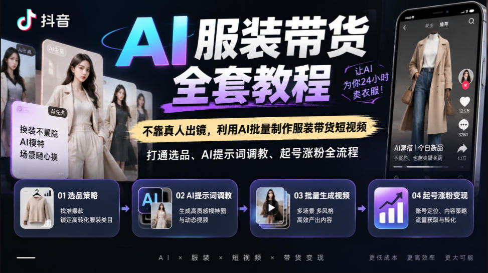 抖音AI服装带货全套教程，不靠真人出镜，利用AI批量制作服装带货短视频，打通选品、AI提示词调教、起号涨粉全流程-网赚36计