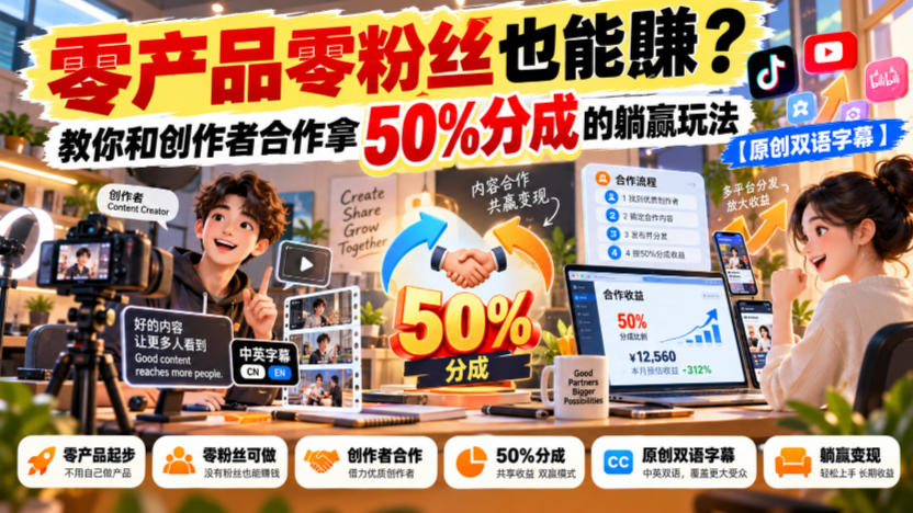 【无水印】零产品零粉丝也能賺？教你和创作者合作拿50%分成的躺赢玩法【原创双语字幕】-网赚36计