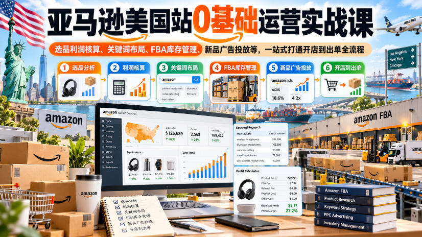 亚马逊美国站0基础运营实战课｜选品利润核算、关键词布局、FBA库存管理、新品广告投放等，一站式打通开店到出单全流程-网赚36计
