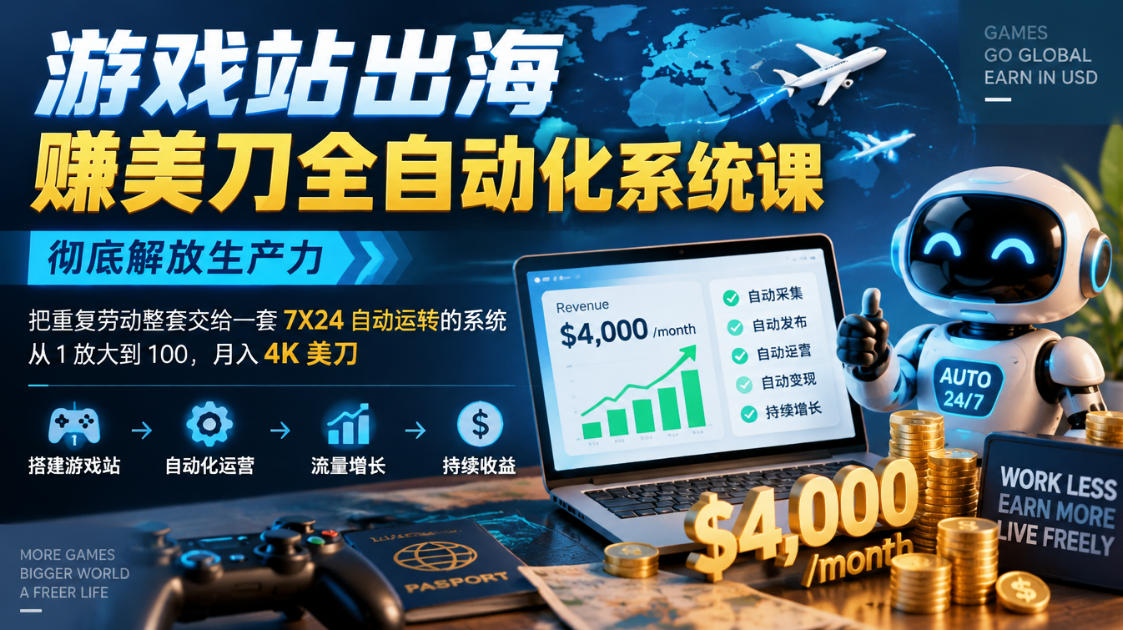 游戏站出海賺美刀全自动化系统课，彻底解放生产力–把重复劳动整套交给一套7X24自动运转的系统，从1放大到100，月入4K美刀-网赚36计