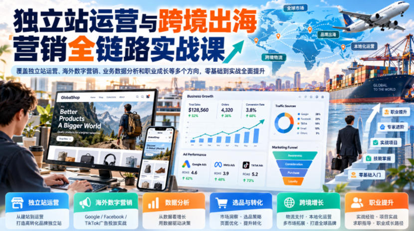 独立站运营与跨境出海营销全链路实战课，覆盖独立站运营、海外数字营销、业务数据分析和职业成长等多个方向，零基础到实战全面提升-网赚36计