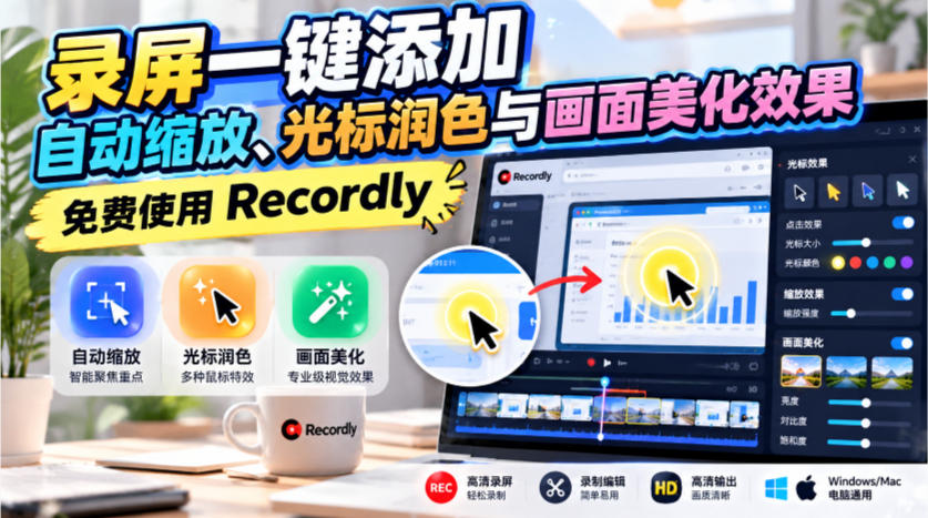 录屏一键添加自动缩放、光标润色与画面美化效果，免费使用Recordly-网赚36计
