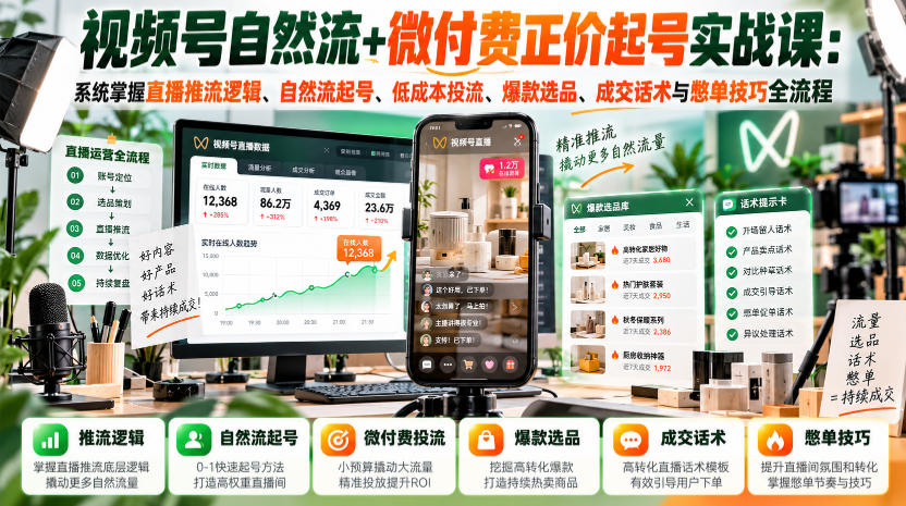 视频号自然流+微付费正价起号实战课：系统掌握直播推流逻辑、自然流起号、低成本投流、爆款选品、成交话术与憋单技巧全流程-网赚36计