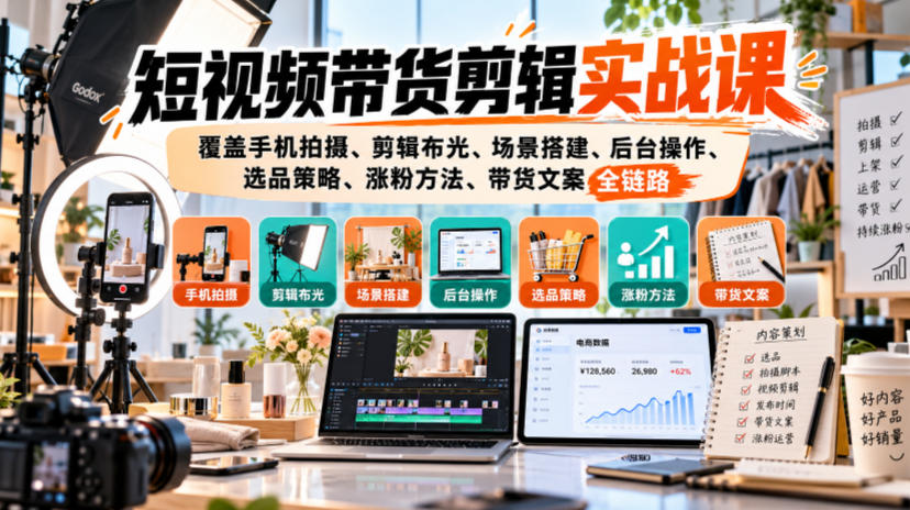 短视频带货剪辑实战课，覆盖手机拍摄、剪辑布光、场景搭建、后台操作、选品策略、涨粉方法、带货文案全链路-网赚36计