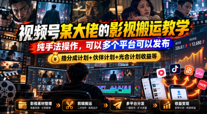 视频号某大佬的影视搬运教学，纯手法操作，可以多个平台可以发布，撸分成计划+伙伴计划+光合计划收益等