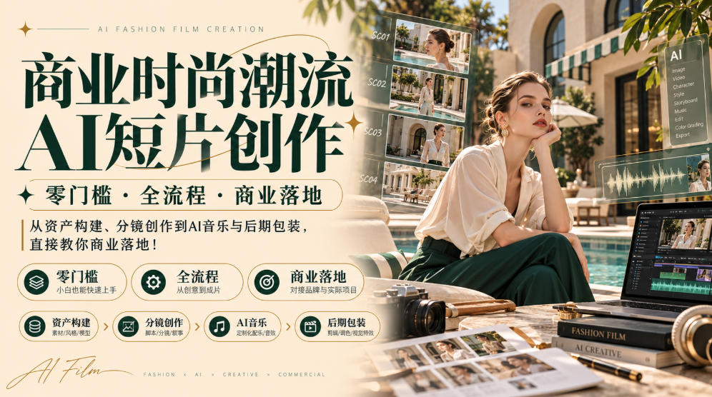 商业时尚潮流AI短片创作|零门槛・全流程・商业落地,从资产构建、分镜创作到AI音乐与后期包装,直接教你商业落地!-网赚36计