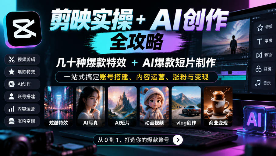 剪映实操+AI创作全攻略|几十种爆款特效+AI爆款短片制作,一站式搞定账号搭建、内容运营、涨粉与变现-网赚36计