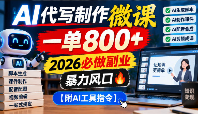 AI代写制作微课,一单800+,2026必做副业,暴力风口【附AI工具指令】【揭秘】-网赚36计