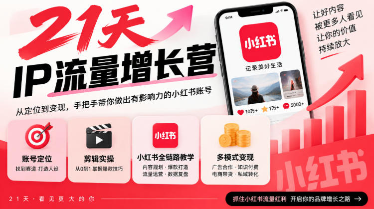 21天IP流量增长营,小红书全链路教学,账号定位剪辑实操,多模式变现系统课-网赚36计