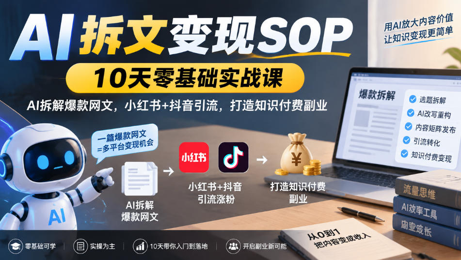 AI拆文变现SOP|10天零基础实战课,AI拆解爆款网文,小红书+抖音引流,打造知识付费副业-网赚36计