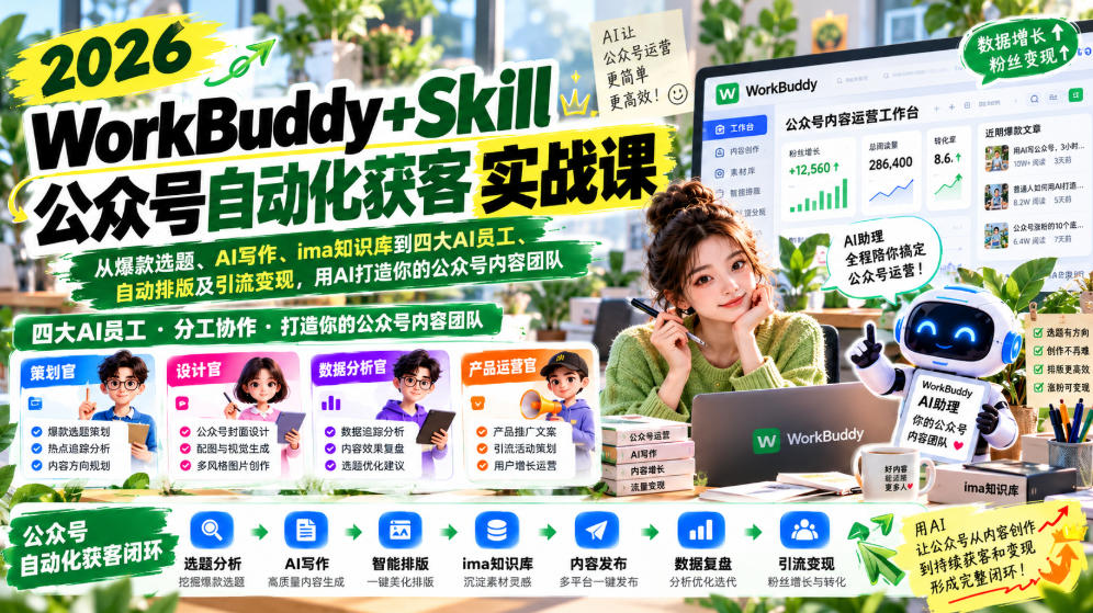 2026WorkBuddy+Skill公众号自动化获客实战课，从爆款选题、AI写作、ima知识库到四大AI员工、自动排版及引流变现，用AI打造你的公众号内容团队
